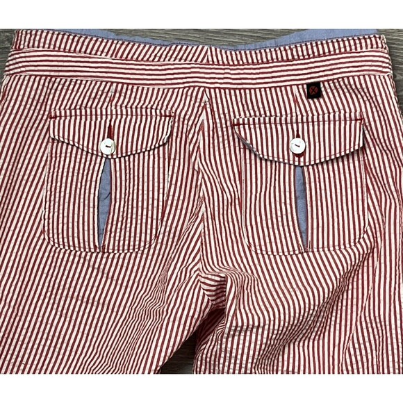 WORLD Designer Flare Pants 6 Seersucker Red White Stripe Flap Pocket 100% Cotton - Picture 3 of 4